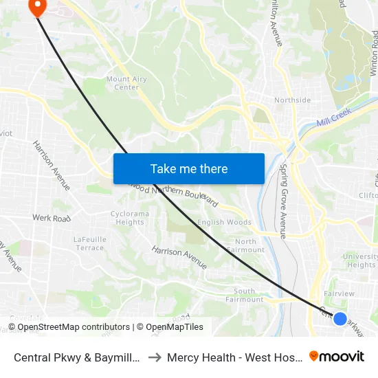 Central Pkwy & Baymiller St to Mercy Health - West Hospital map