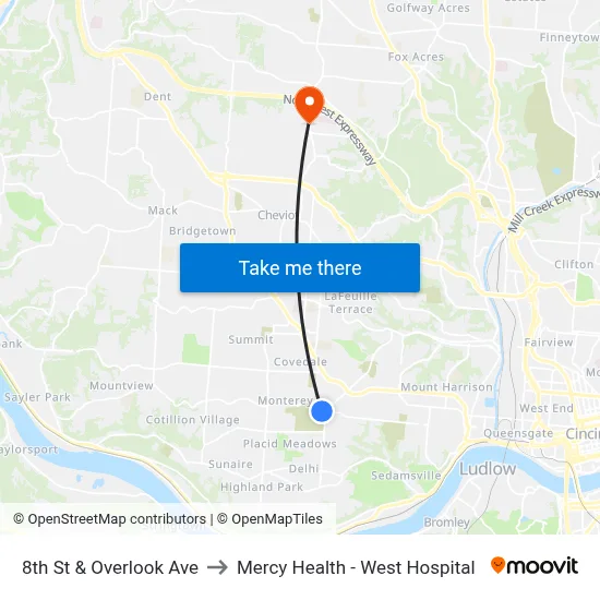 8th St & Overlook Ave to Mercy Health - West Hospital map