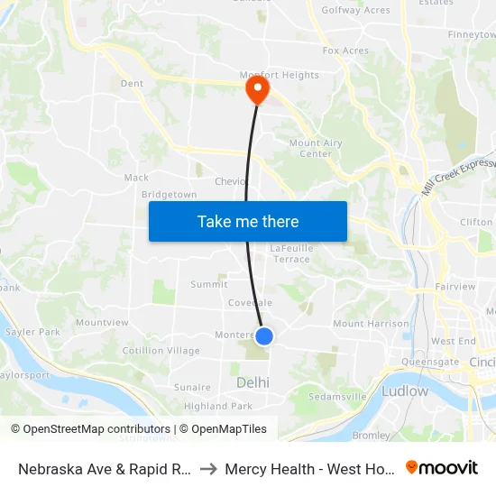 Nebraska Ave & Rapid Run Dr to Mercy Health - West Hospital map