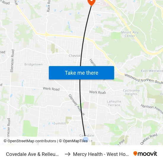 Covedale Ave & Relleum Ave to Mercy Health - West Hospital map