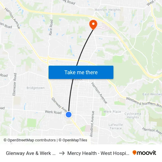 Glenway Ave & Werk Rd to Mercy Health - West Hospital map