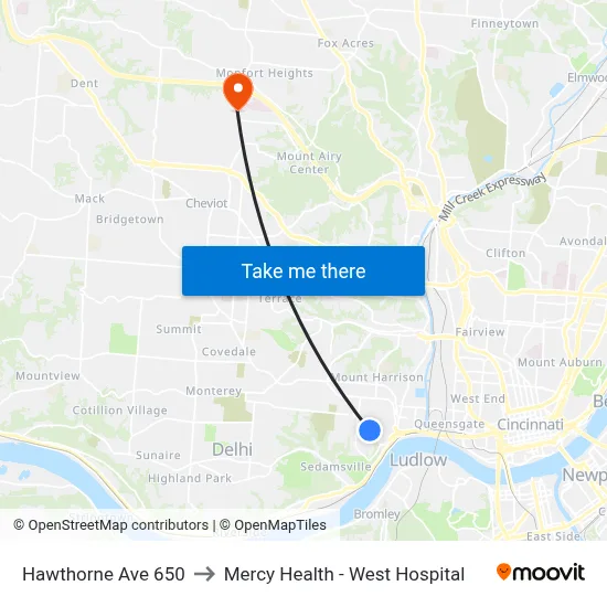 Hawthorne Ave 650 to Mercy Health - West Hospital map