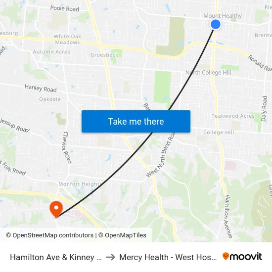 Hamilton Ave & Kinney Ave to Mercy Health - West Hospital map