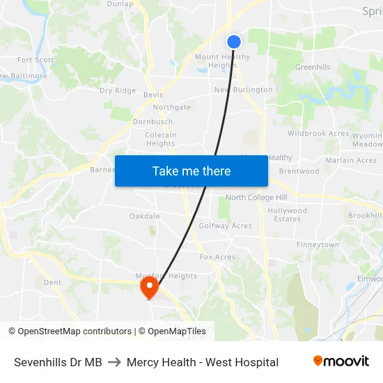Sevenhills Dr MB to Mercy Health - West Hospital map