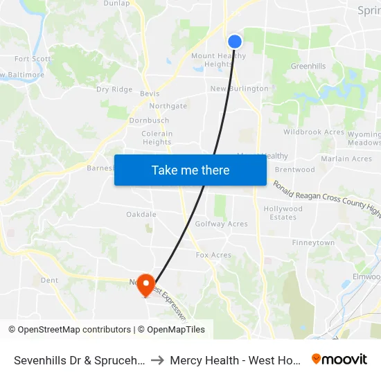 Sevenhills Dr & Sprucehill Dr to Mercy Health - West Hospital map