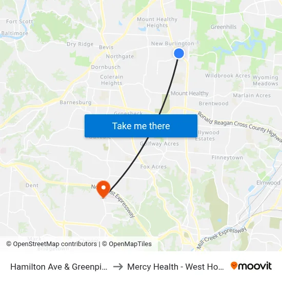 Hamilton Ave & Greenpine Dr to Mercy Health - West Hospital map