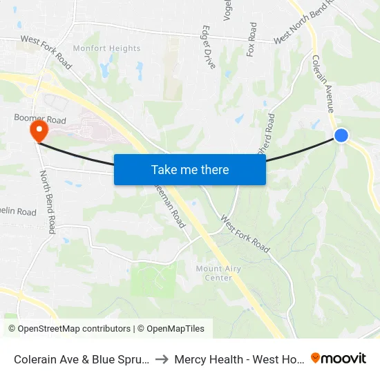 Colerain Ave & Blue Spruce Rd to Mercy Health - West Hospital map