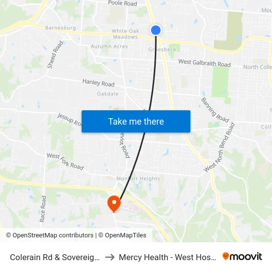 Colerain Rd & Sovereign Dr to Mercy Health - West Hospital map