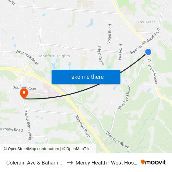 Colerain Ave & Bahama Ter to Mercy Health - West Hospital map