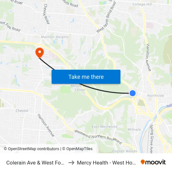 Colerain Ave & West Fork Rd to Mercy Health - West Hospital map