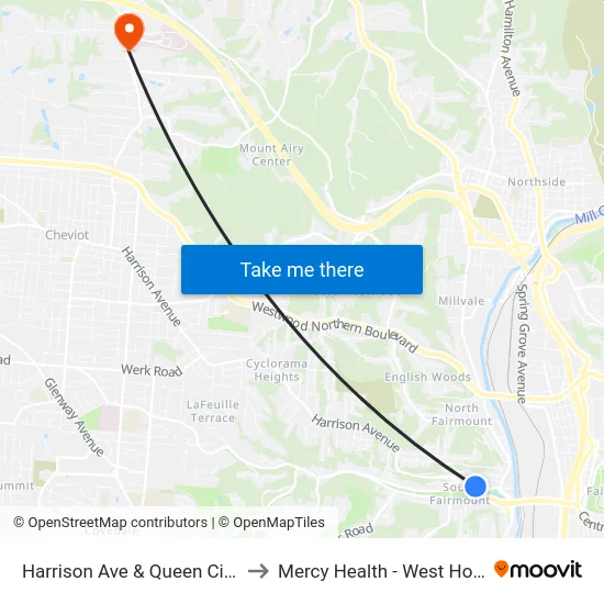 Harrison Ave & Queen City Ave to Mercy Health - West Hospital map