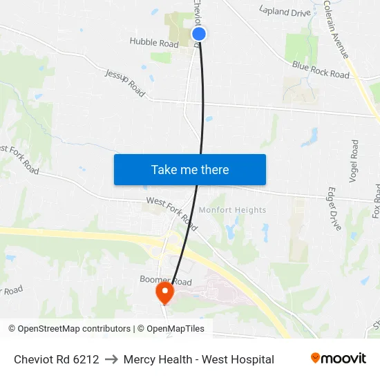 Cheviot Rd 6212 to Mercy Health - West Hospital map