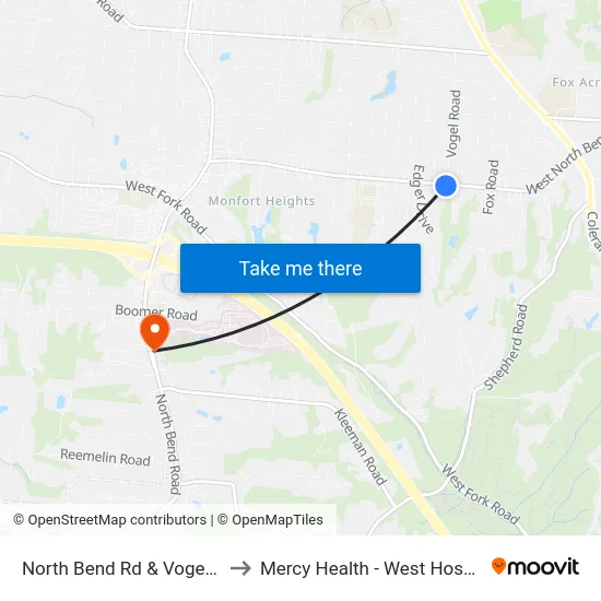 North Bend Rd & Vogel Rd to Mercy Health - West Hospital map