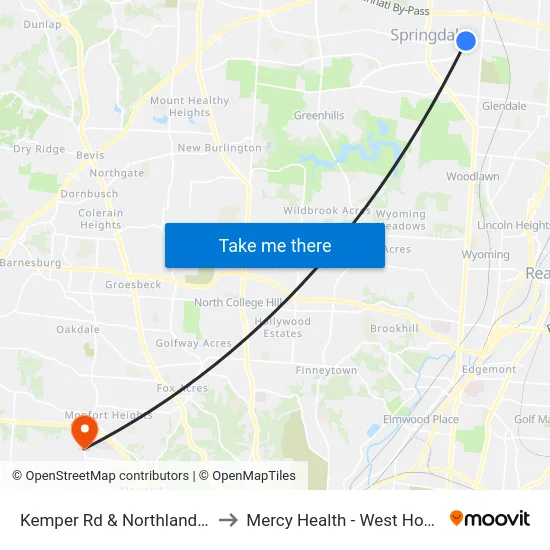 Kemper Rd & Northland Blvd to Mercy Health - West Hospital map
