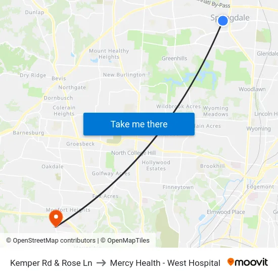 Kemper Rd & Rose Ln to Mercy Health - West Hospital map