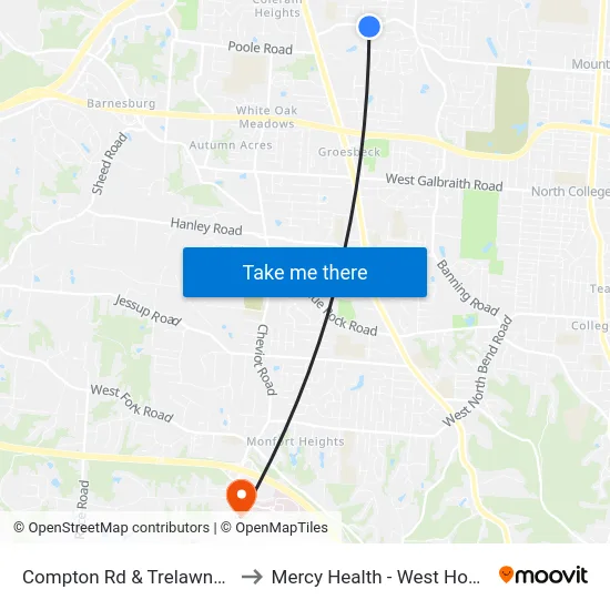 Compton Rd & Trelawney Ct to Mercy Health - West Hospital map