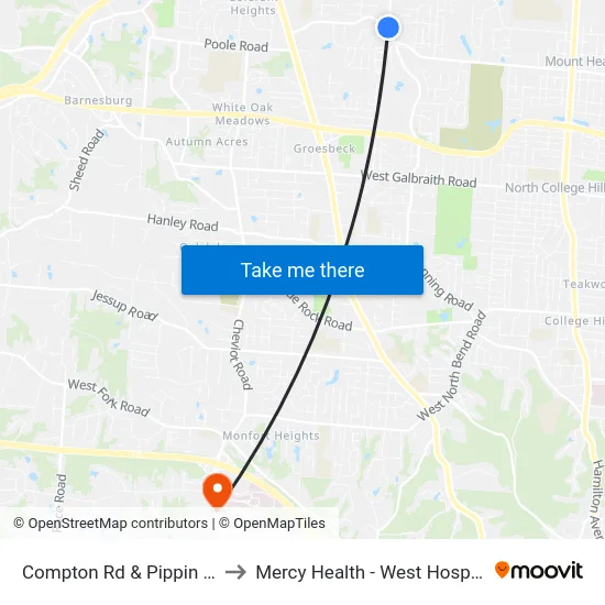 Compton Rd & Pippin Rd to Mercy Health - West Hospital map