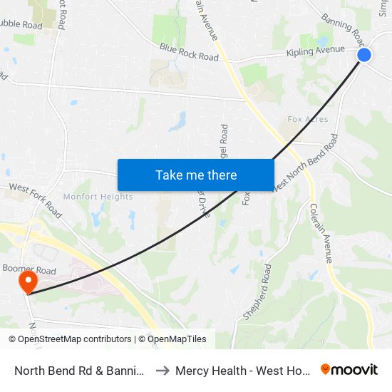 North Bend Rd & Banning Rd to Mercy Health - West Hospital map