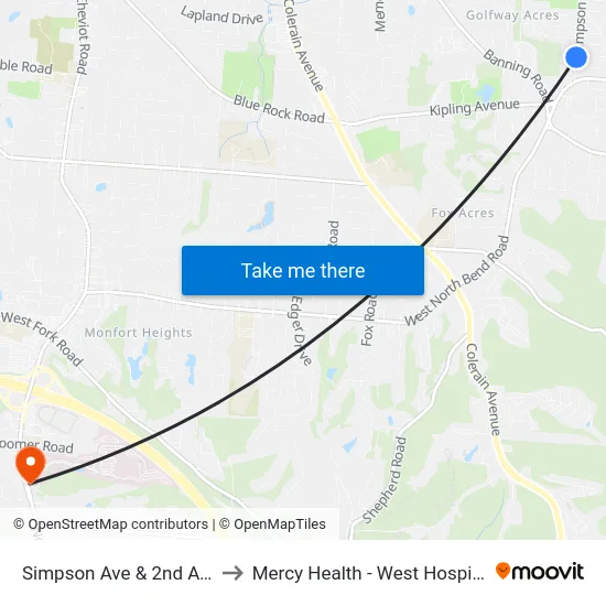Simpson Ave & 2nd Ave to Mercy Health - West Hospital map