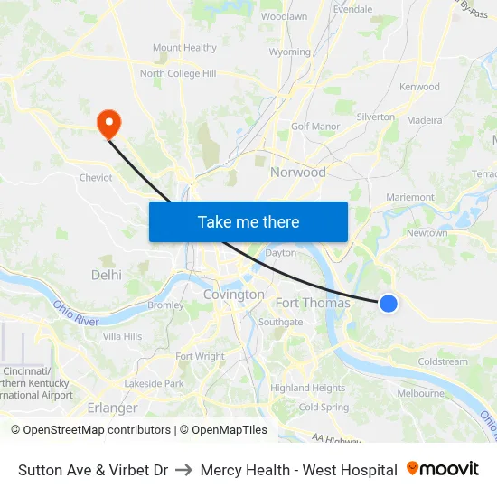 Sutton Ave & Virbet Dr to Mercy Health - West Hospital map