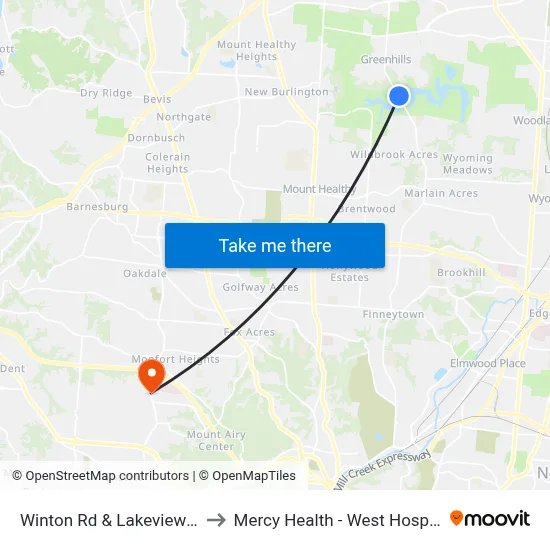 Winton Rd & Lakeview Dr to Mercy Health - West Hospital map