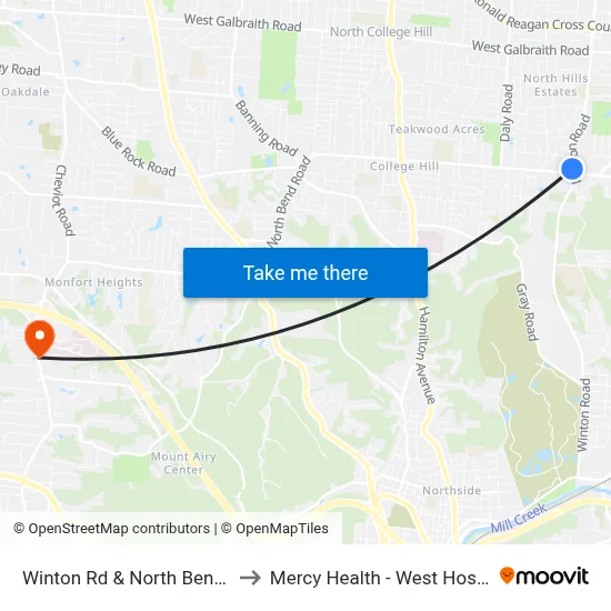 Winton Rd & North Bend Rd to Mercy Health - West Hospital map