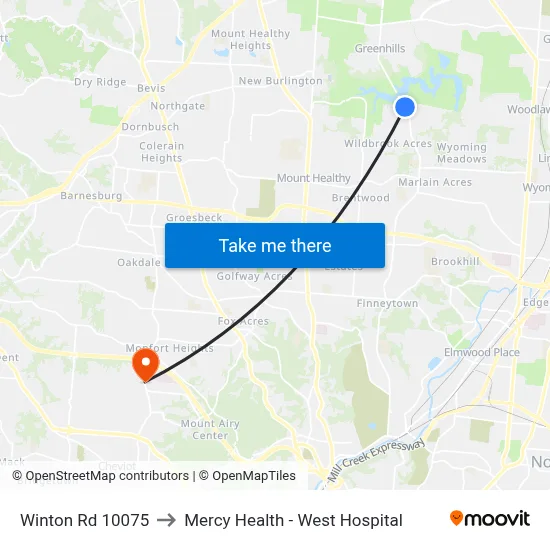 Winton Rd 10075 to Mercy Health - West Hospital map