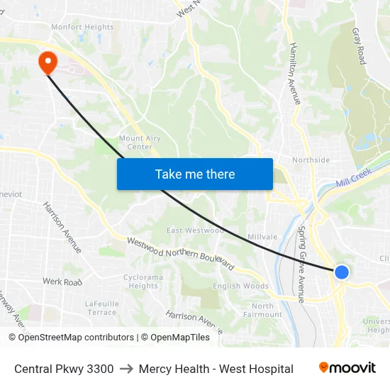 Central Pkwy 3300 to Mercy Health - West Hospital map