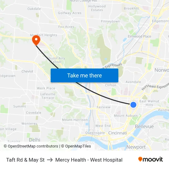Taft Rd & May St to Mercy Health - West Hospital map
