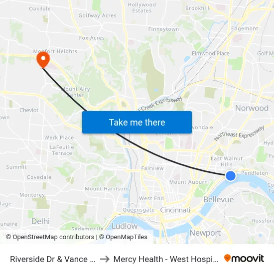 Riverside Dr & Vance St to Mercy Health - West Hospital map