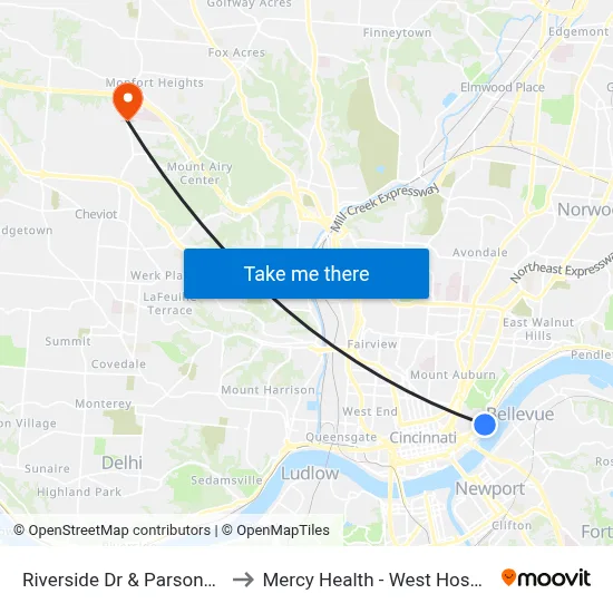 Riverside Dr & Parsons St to Mercy Health - West Hospital map