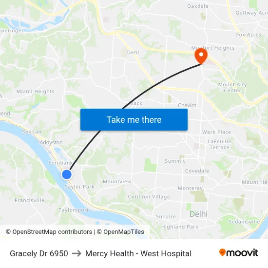 Gracely Dr 6950 to Mercy Health - West Hospital map