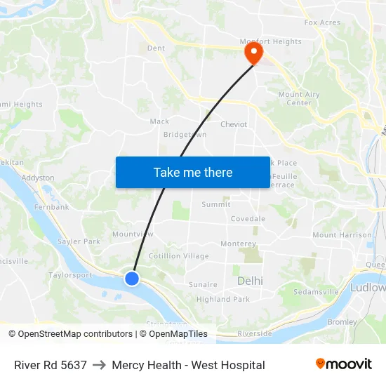 River Rd 5637 to Mercy Health - West Hospital map