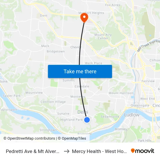 Pedretti Ave & Mt Alverno Rd to Mercy Health - West Hospital map