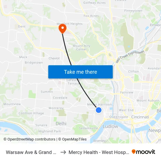Warsaw Ave & Grand Ave to Mercy Health - West Hospital map