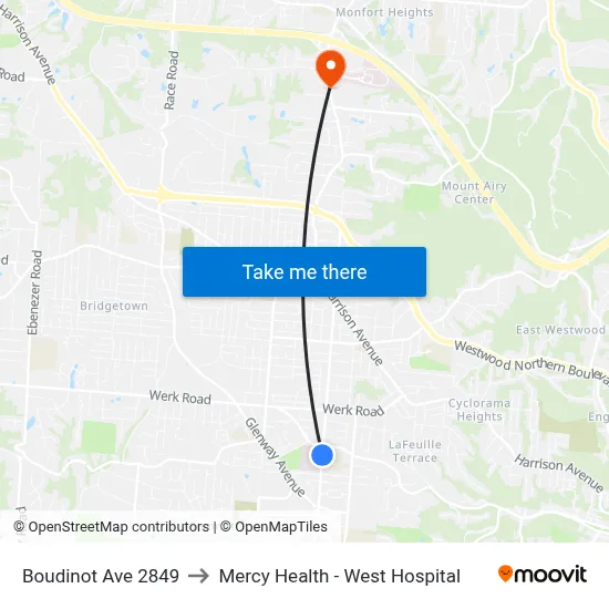 Boudinot Ave 2849 to Mercy Health - West Hospital map