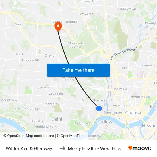 Wilder Ave & Glenway Ave to Mercy Health - West Hospital map