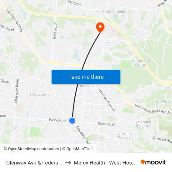 Glenway Ave & Federal Dr to Mercy Health - West Hospital map