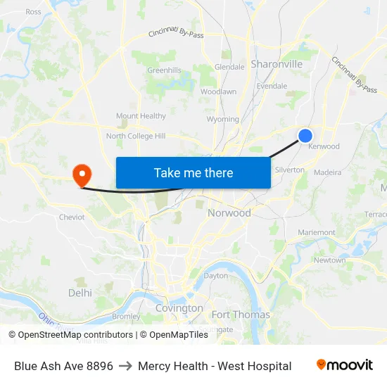 Blue Ash Ave 8896 to Mercy Health - West Hospital map