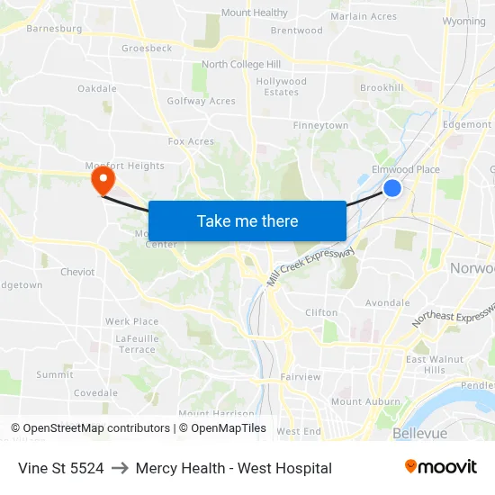 Vine St 5524 to Mercy Health - West Hospital map