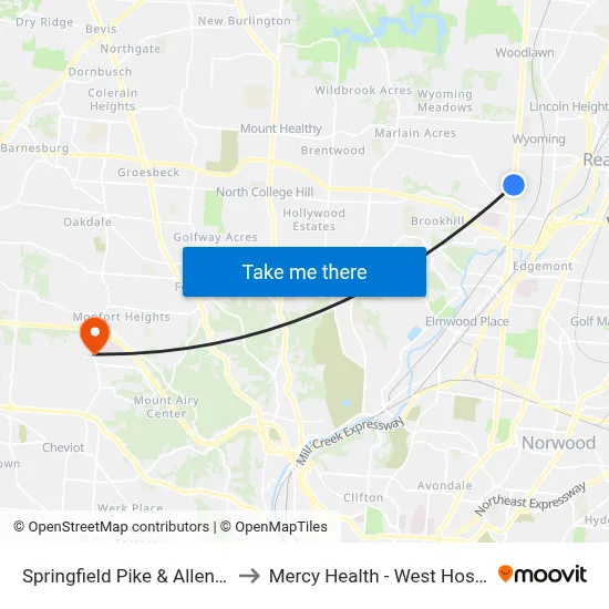 Springfield Pike & Allen Ave to Mercy Health - West Hospital map