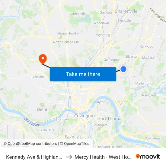 Kennedy Ave & Highland Ave to Mercy Health - West Hospital map