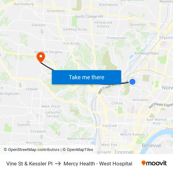 Vine St & Kessler Pl to Mercy Health - West Hospital map