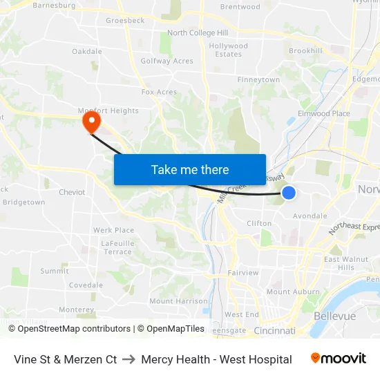 Vine St & Merzen Ct to Mercy Health - West Hospital map