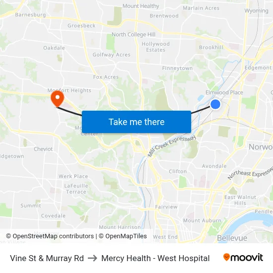 Vine St & Murray Rd to Mercy Health - West Hospital map