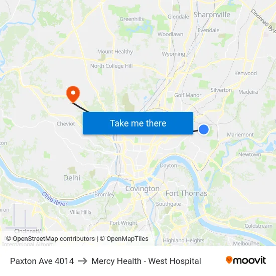 Paxton Ave 4014 to Mercy Health - West Hospital map