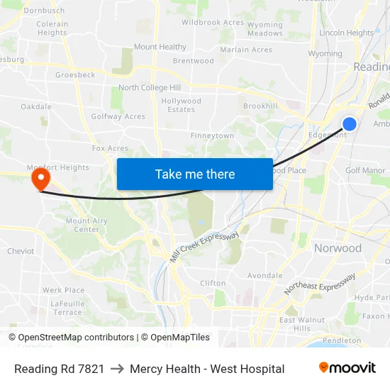 Reading Rd 7821 to Mercy Health - West Hospital map
