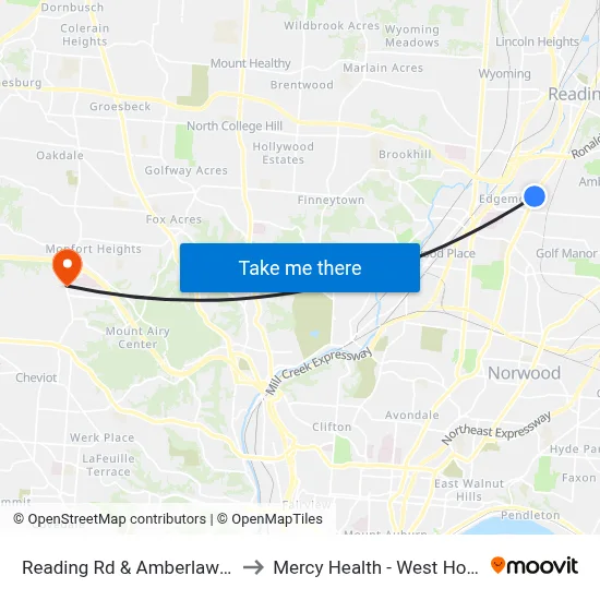 Reading Rd & Amberlawn Ave to Mercy Health - West Hospital map