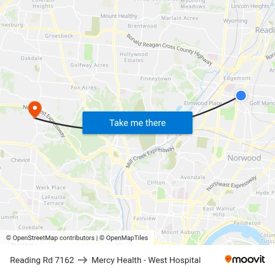 Reading Rd 7162 to Mercy Health - West Hospital map