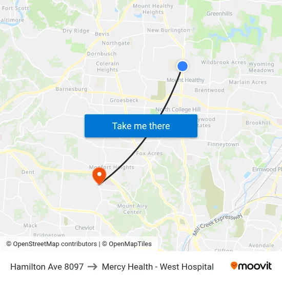 Hamilton Ave 8097 to Mercy Health - West Hospital map